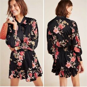 Misa Iyana Floral Tie-Neck Smocked Waist Mini Dress XS